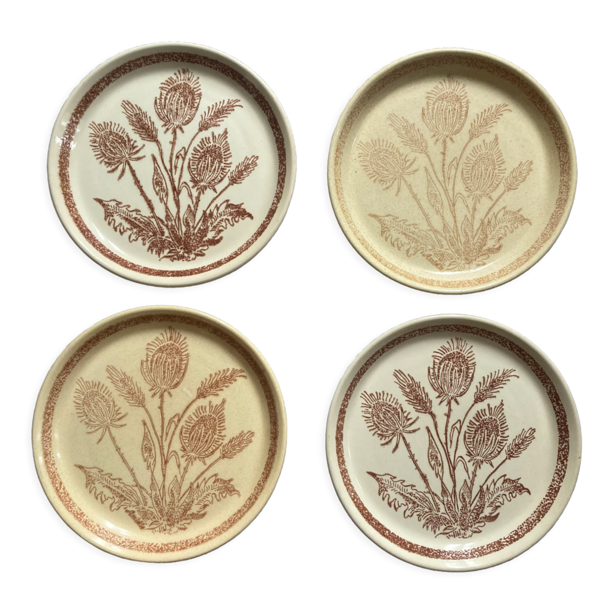 Flat stoneware plates decorated with vintage country flower 1960