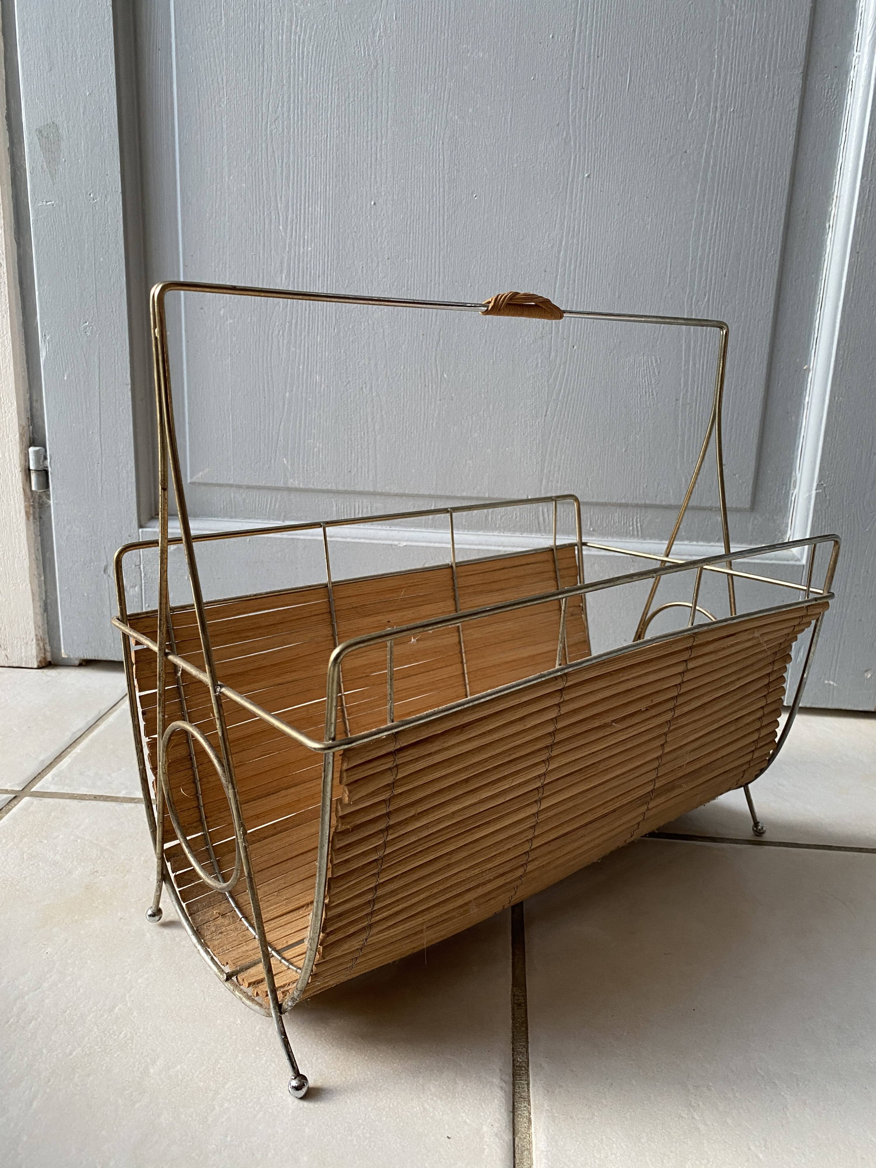 Vintage 1960s magazine rack / newspaper basket, brass & bamboo frame