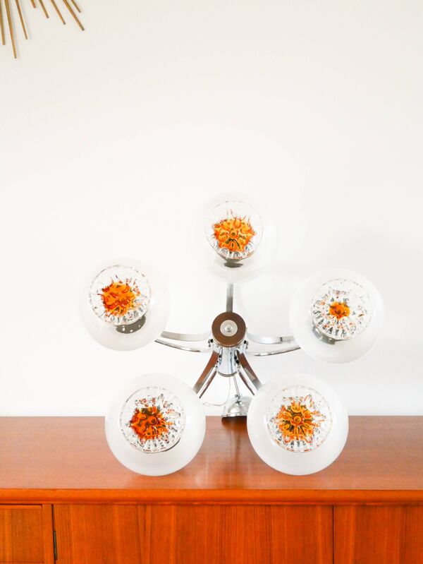 Lustre Gaetano Sciolari, 5 feux, en verre de Murano, Opaline et Ambré, 1970