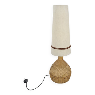 Tall floor-standing rattan lamp with shade, vintage floor lamp