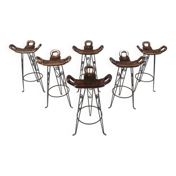 Tabourets de bar en fer forgé espagnol vintage, années 1960 - ensemble de 6