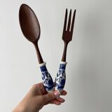 Service à salade vintage en bois et porcelaine Blue Willow
