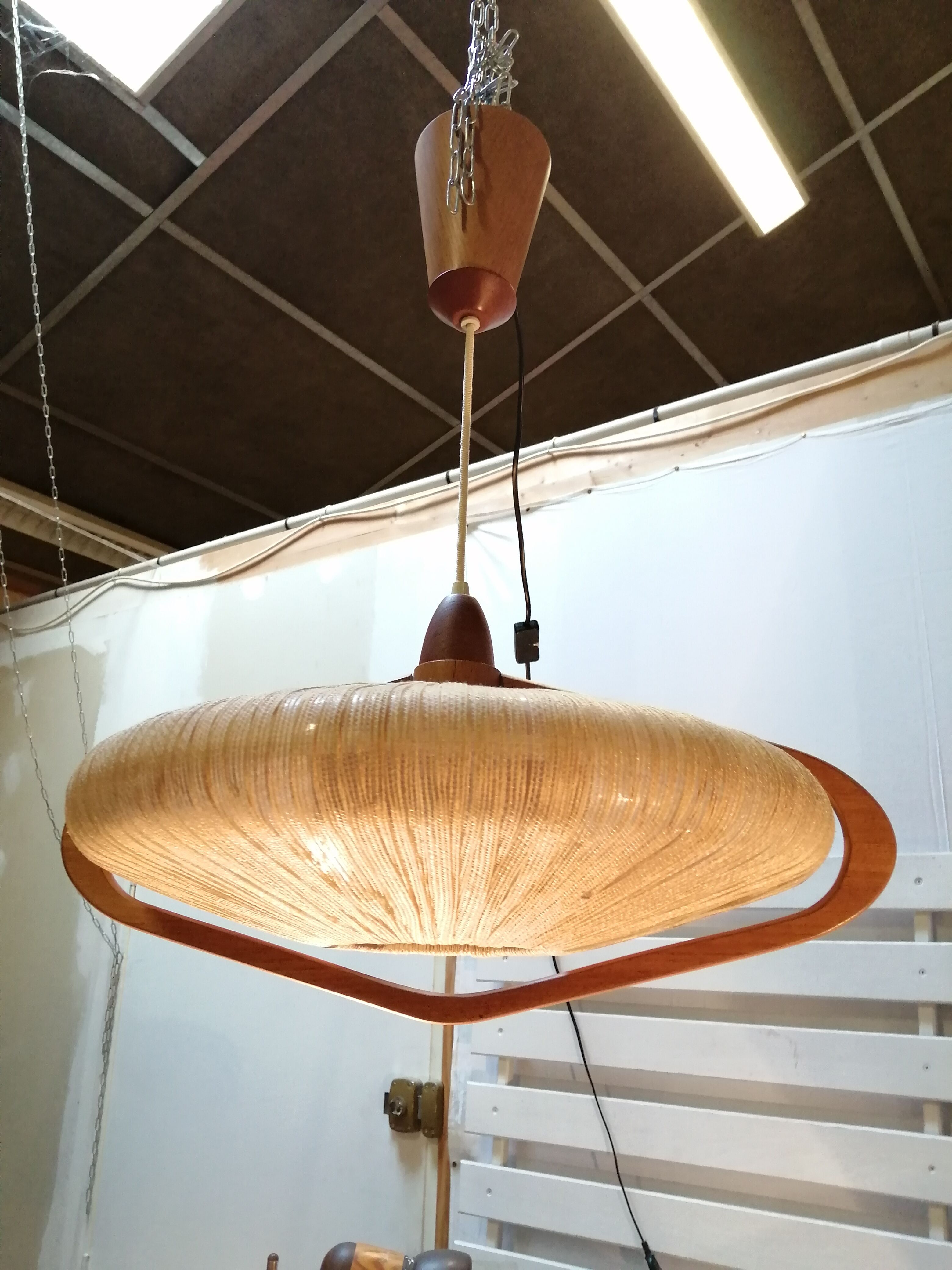 Sisal Ufo pendant lamp and vintage teak by Temde Leuchten