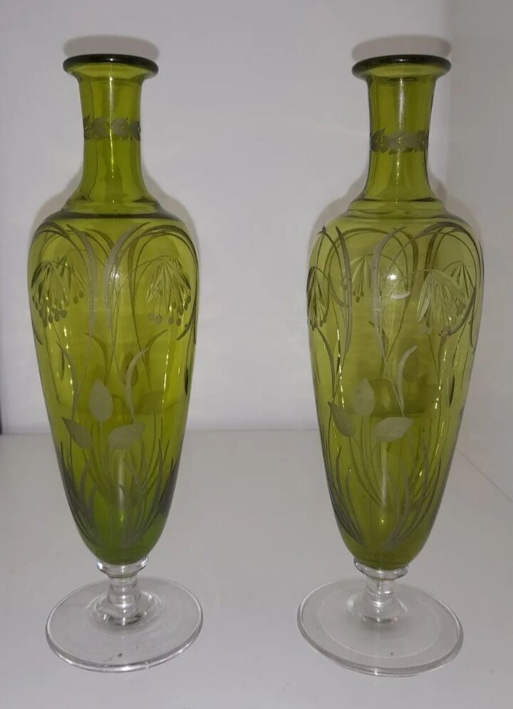 Antique soliflore vases on engraved glass stand