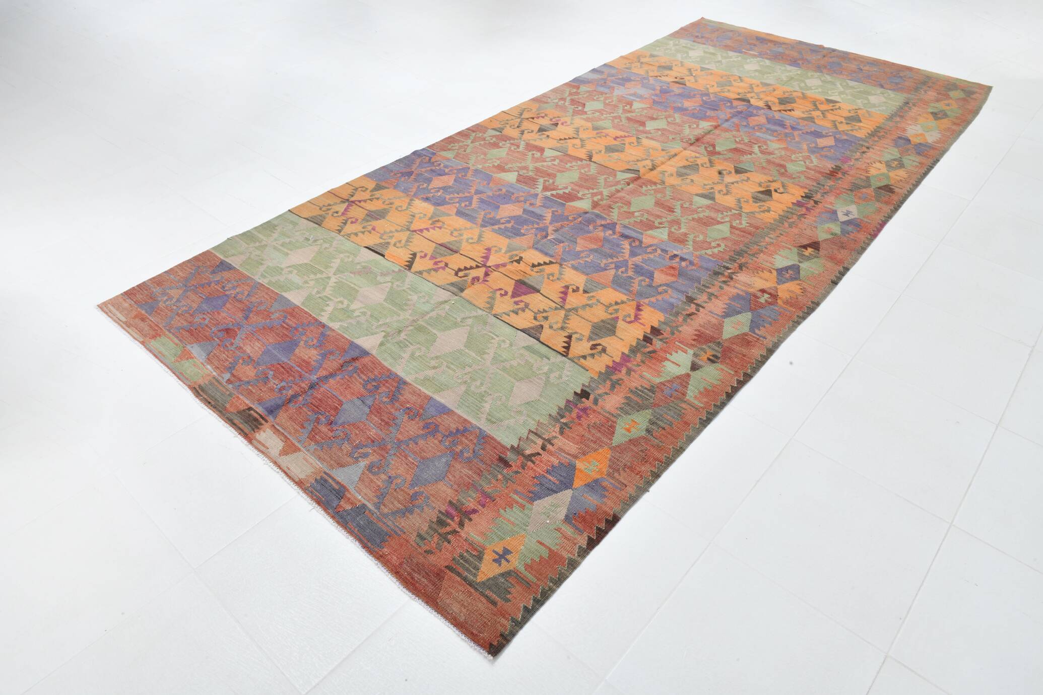 Purple & Orange & Red & Green Kilim Rug, Orientel Kilim Rug 176x390Cm