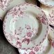 6 pink ironstone deep plates from Gien, "Roses de Noël" service.
