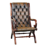 Green Vintage English Chesterfield Armchair with Wood Accents