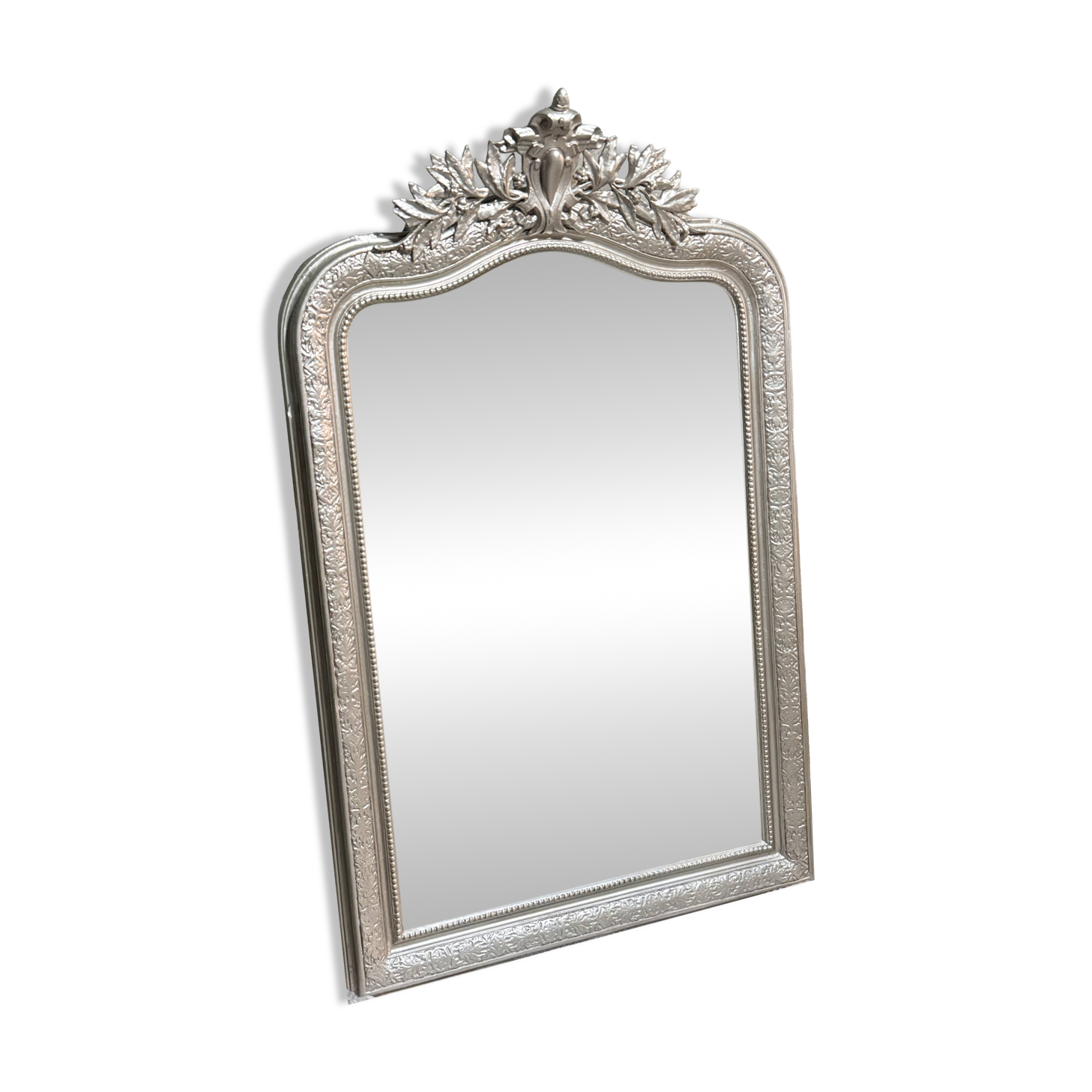 Large antique mirror from the late 19th century with a sculpted pediment in Louis Philippe style.