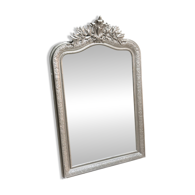 Grand miroir ancien fin XIXème siècle à fronton sculpté de style Louis Phil