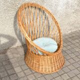 Vintage basket armchair in woven rattan - round seat Design 1960-1970