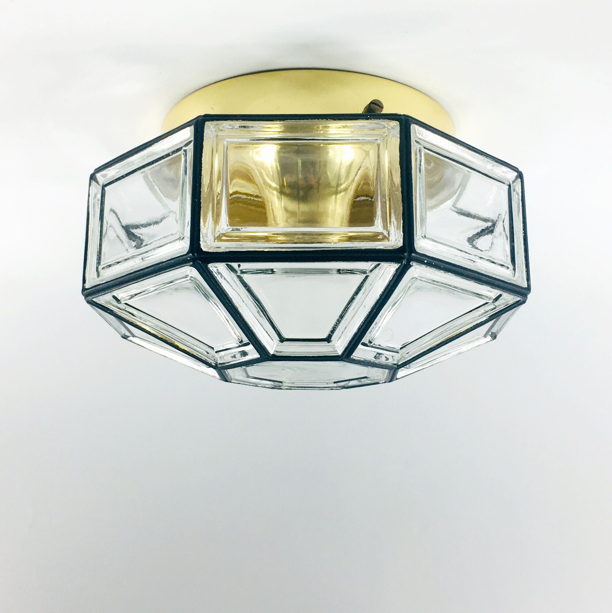 Mid-Century Minimalist Flush Mount/Ceiling Lamp in Glass and Iron from Limburg, Germany, 1960s