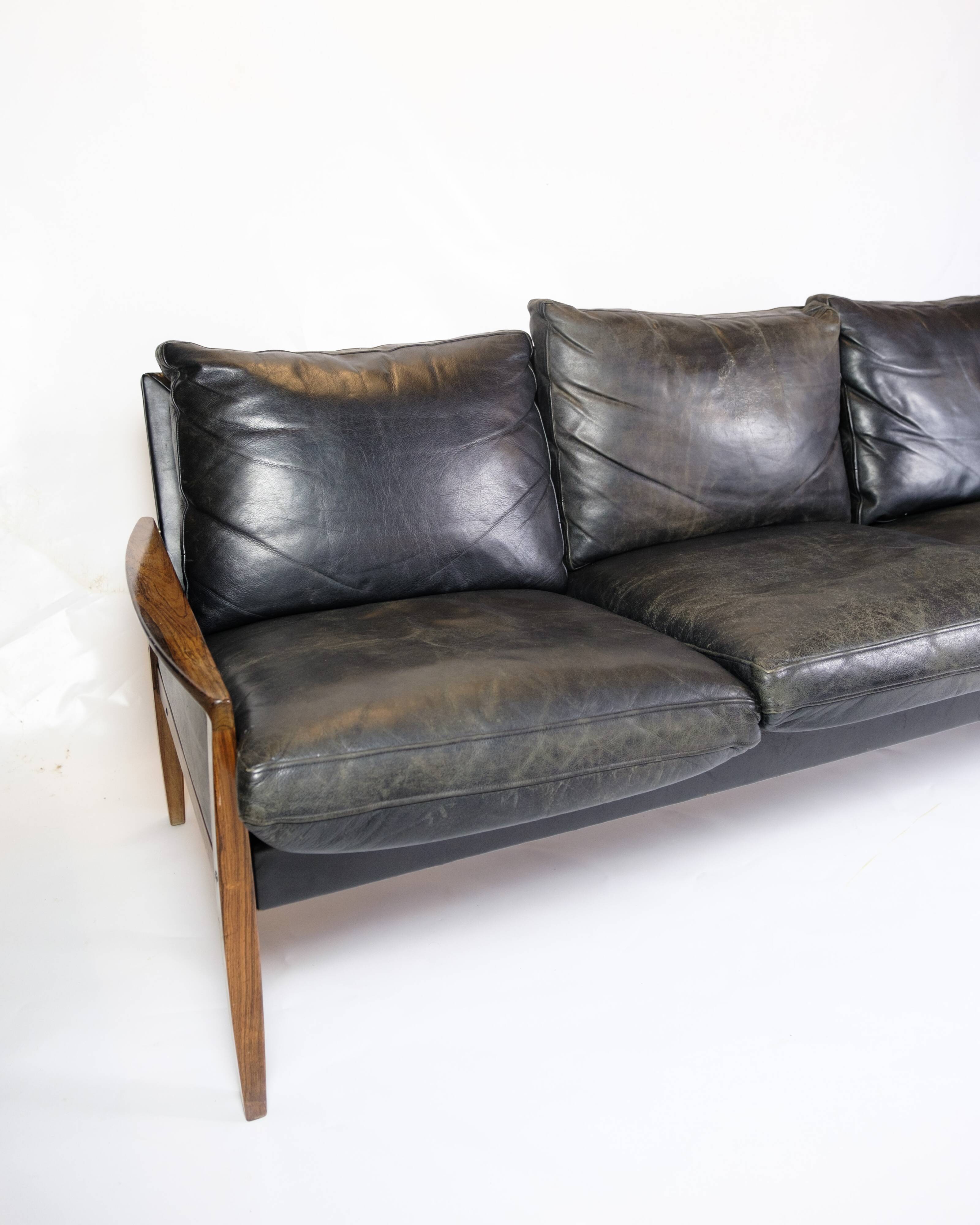 3. Pers Sofa Made In Rosewood & Black Leather Cushions By Hans Olsen From 1960s