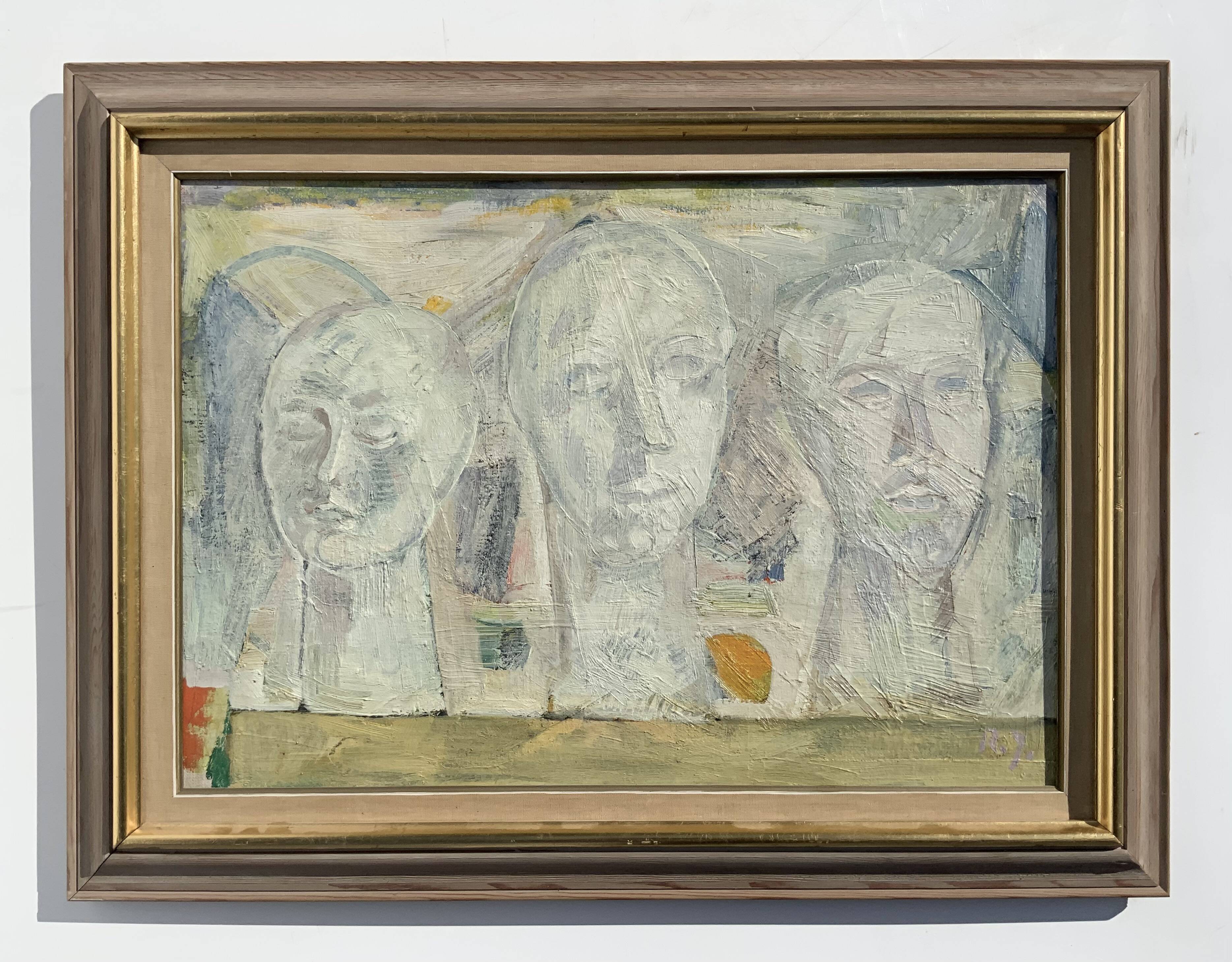 Vintage Modernist Composition with Heads Oil Painting signed by artist R.J. 1956