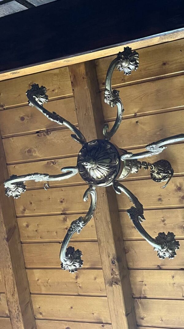 Lustre 6 feux bronze  doré vintage 70 cms