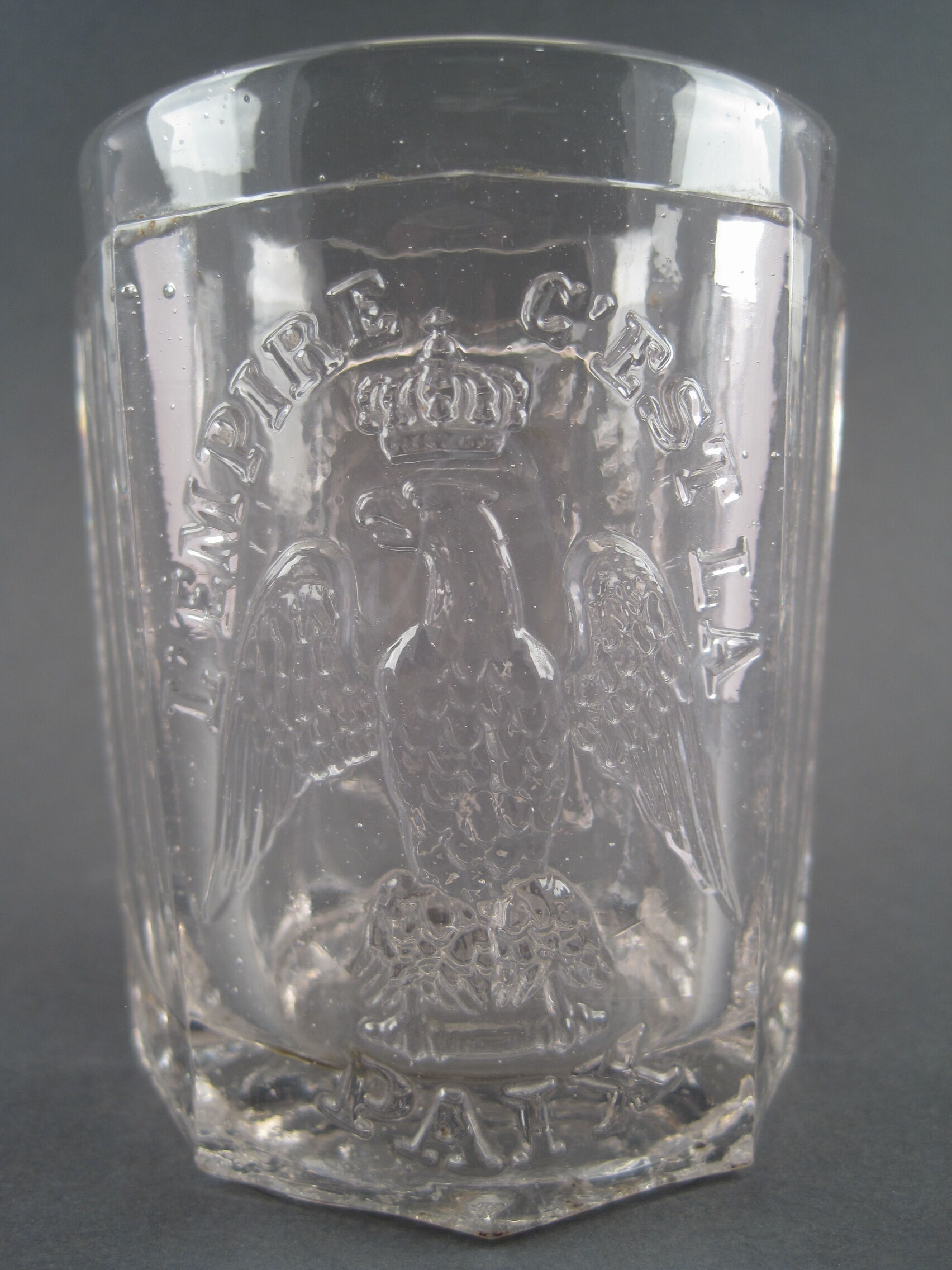 Faceted cup glass circa 1850, Napoleon III emperor, the empire is peace