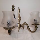 Pair of golden brass and engraved glass wall lights