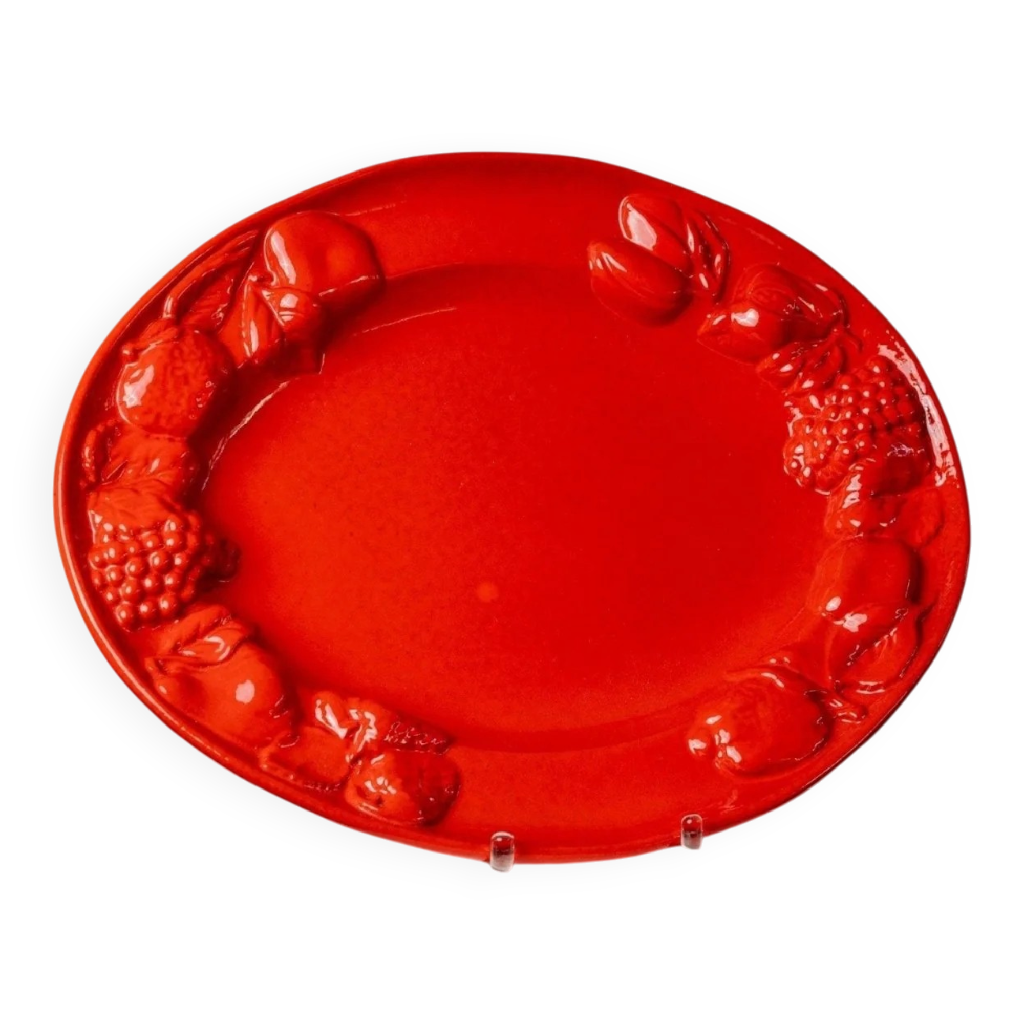 Large vintage oval ceramic platter XL from the 1980s - red glaze - fruit relief - Mid-Century design - Italy