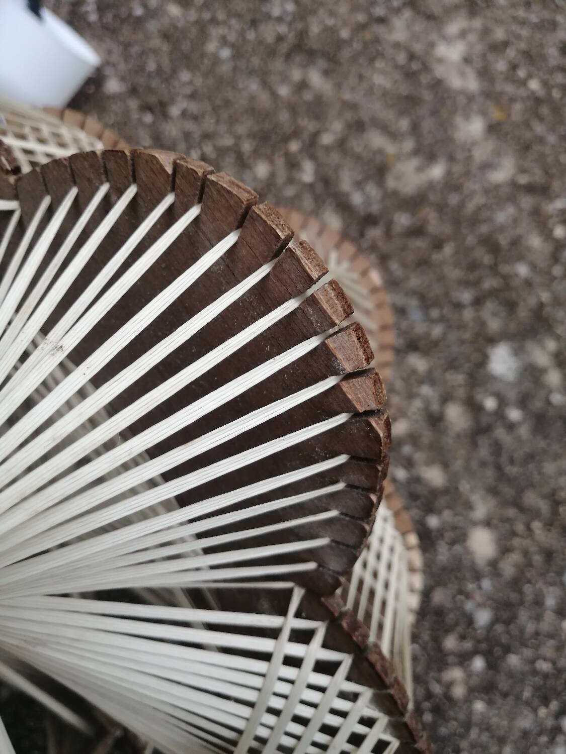Pair of vintage wooden and rattan straw pendant lights.
