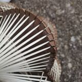 Pair of vintage wooden and rattan straw pendant lights.
