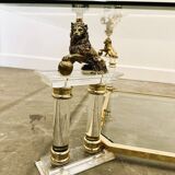 Table basse vintage française en lucite et verre avec lions en laiton, années 1980