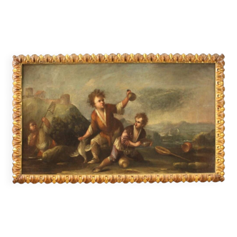 Tableau italien paysage avec enfants du XVIIIe siècle