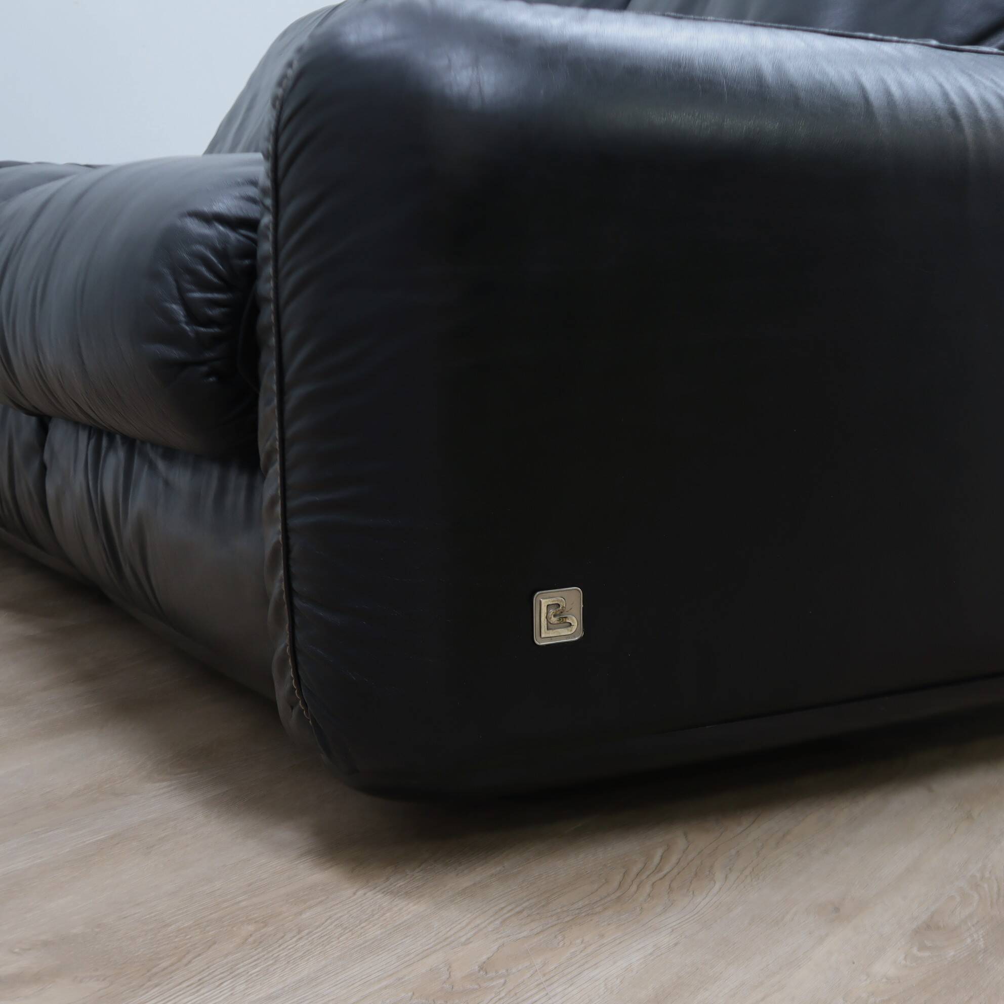 Busnelli Piumotto 1970s Black Leather 3-Seater Sofa