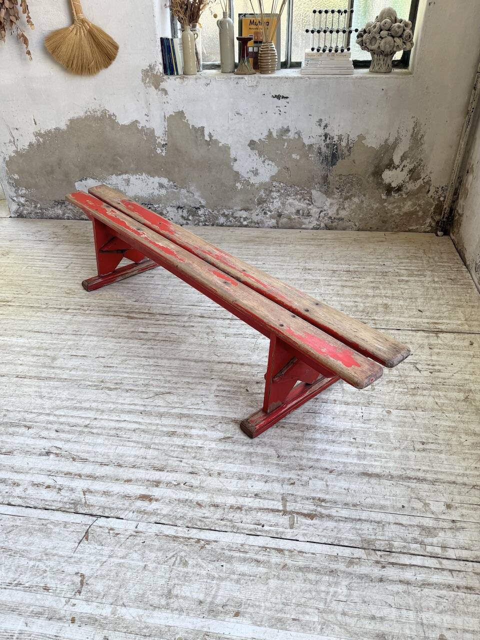1950s oak bench with red patina, 2m
