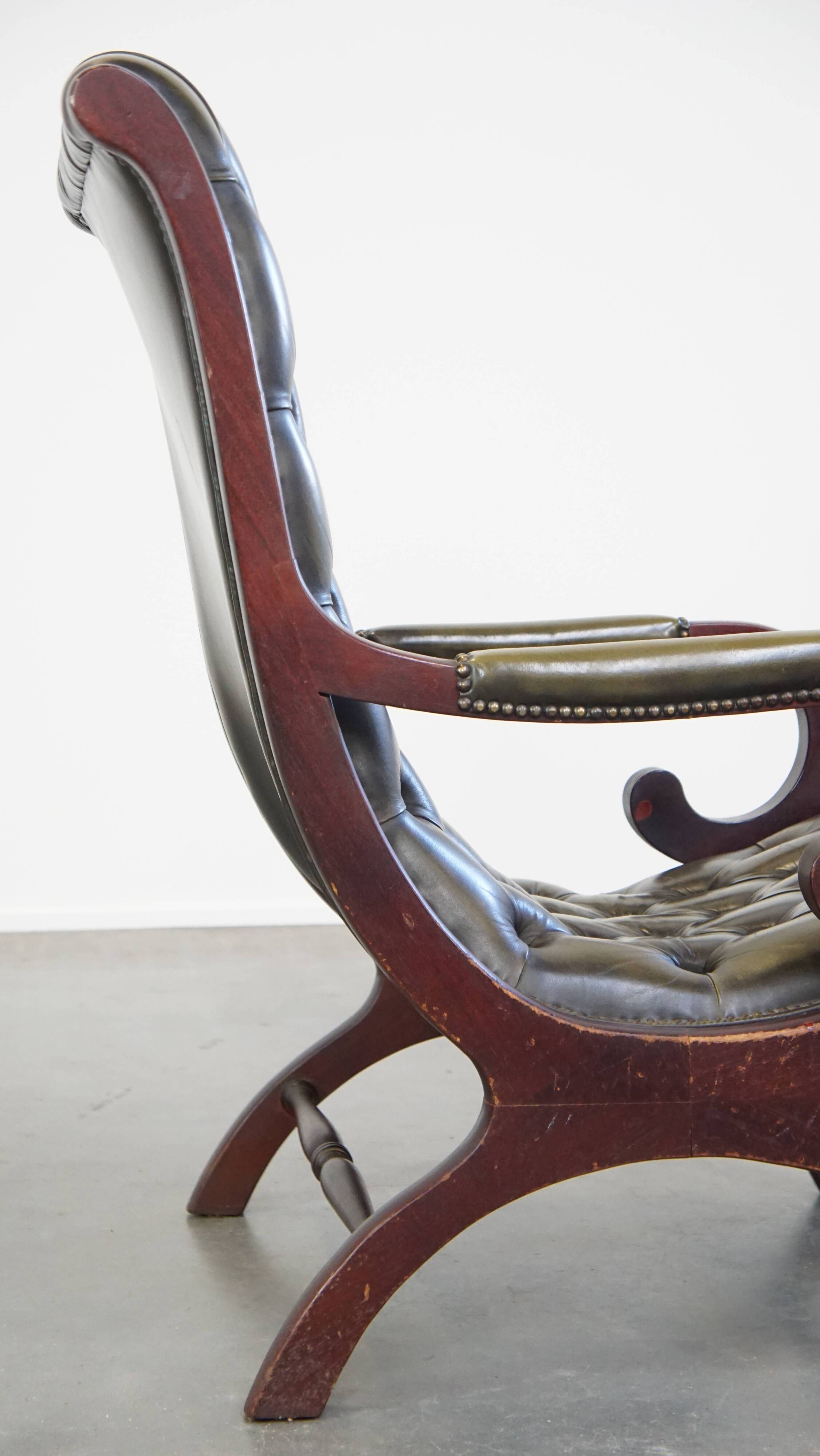 Green cow leather chesterfield armchair combined with wood