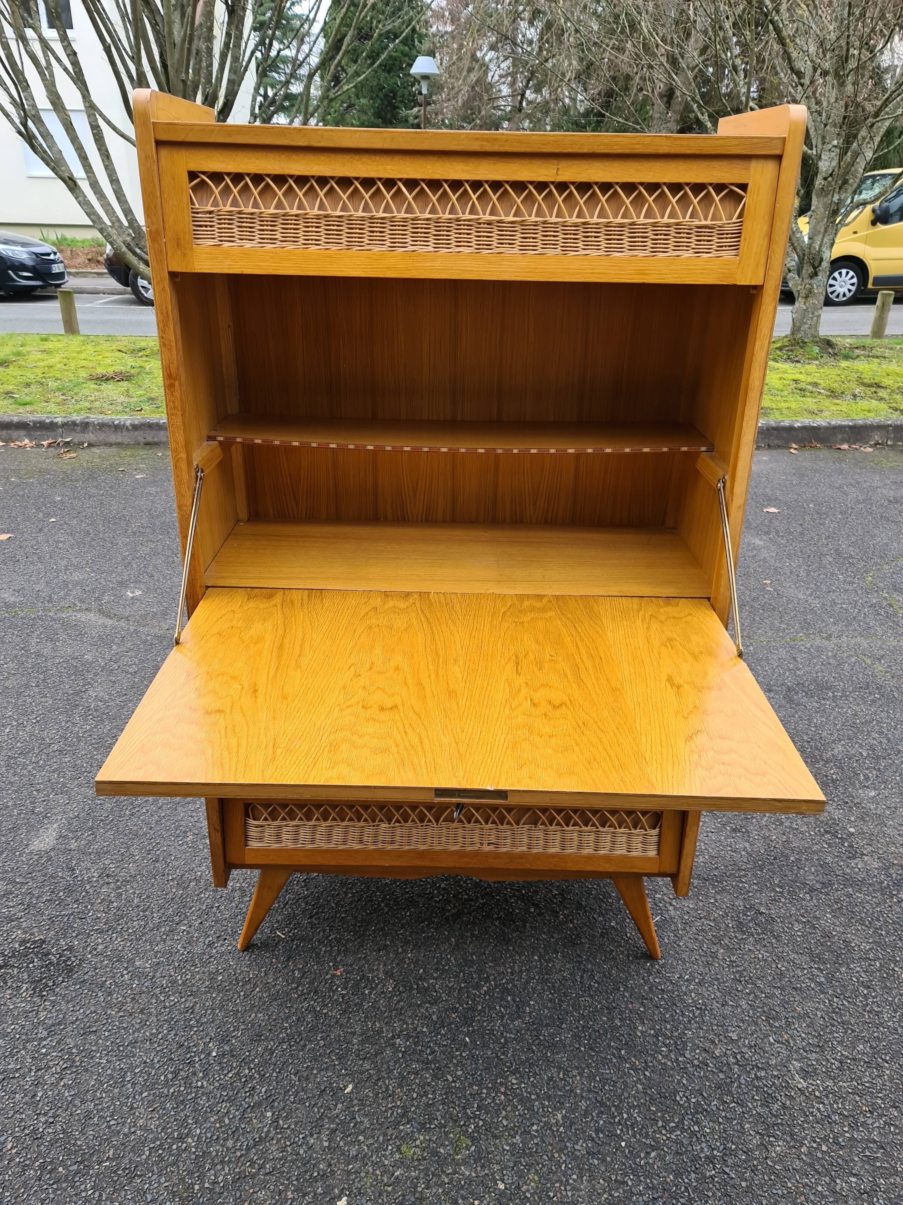 Secrétaire vintage pied compas 1960 rotin