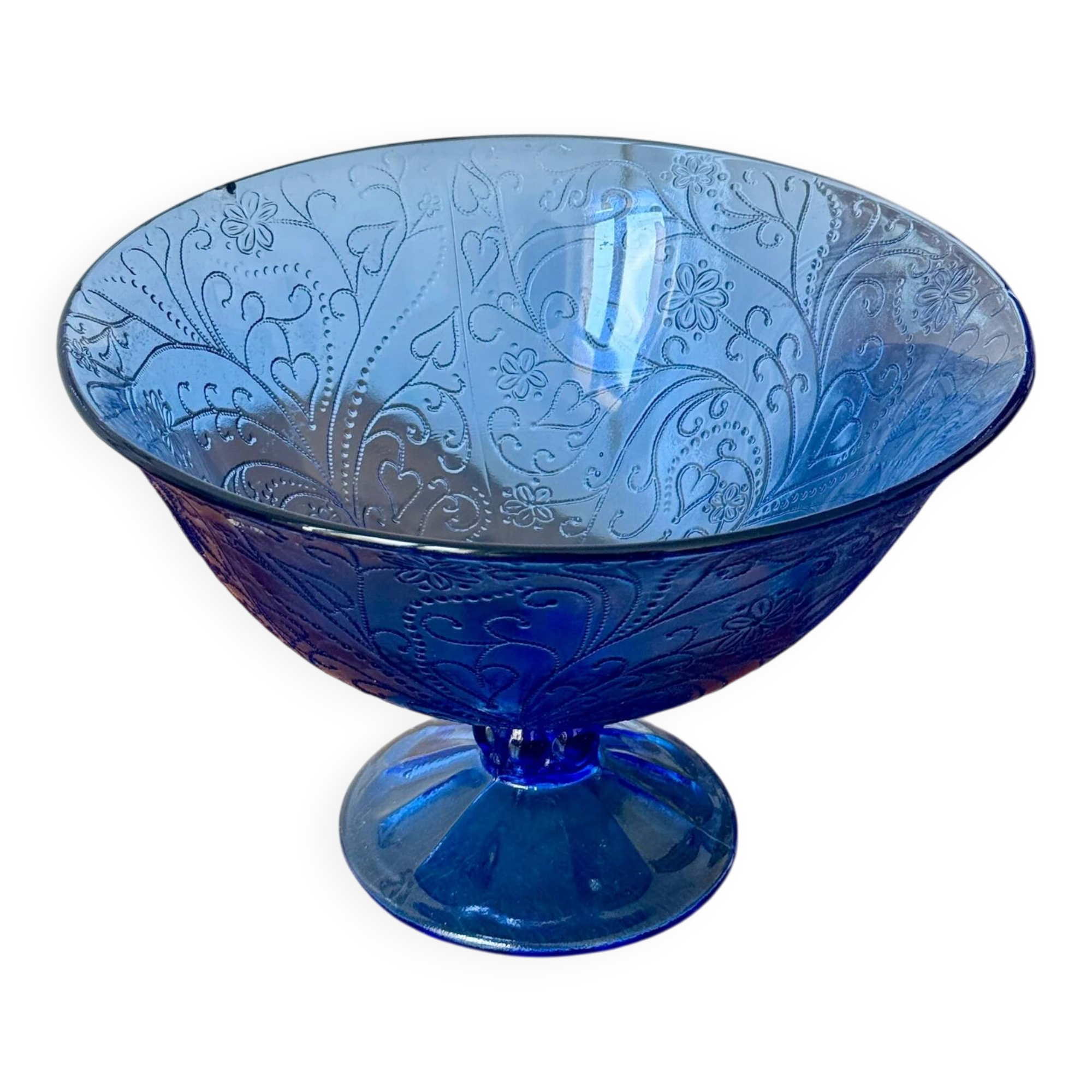 Bluish glass fruit bowl