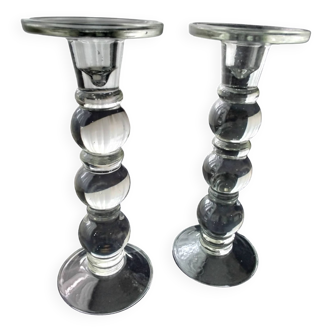 Pair of molded pressed glass candle holders 23 cm