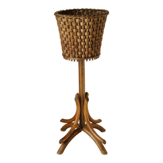 Vintage woven reed plant holder curved wood