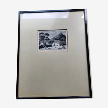 Framed lithograph with ethnic decoration, signed and dated