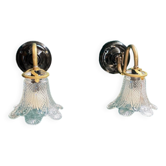 Pair of brass swan neck wall lights and old glass tulips and porcelain rosette