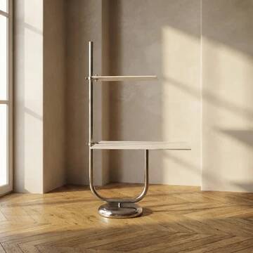 Vintage chrome flower stand with two white shelves, 1970s, Czechoslovakia, 35 × 54 × 100 cm