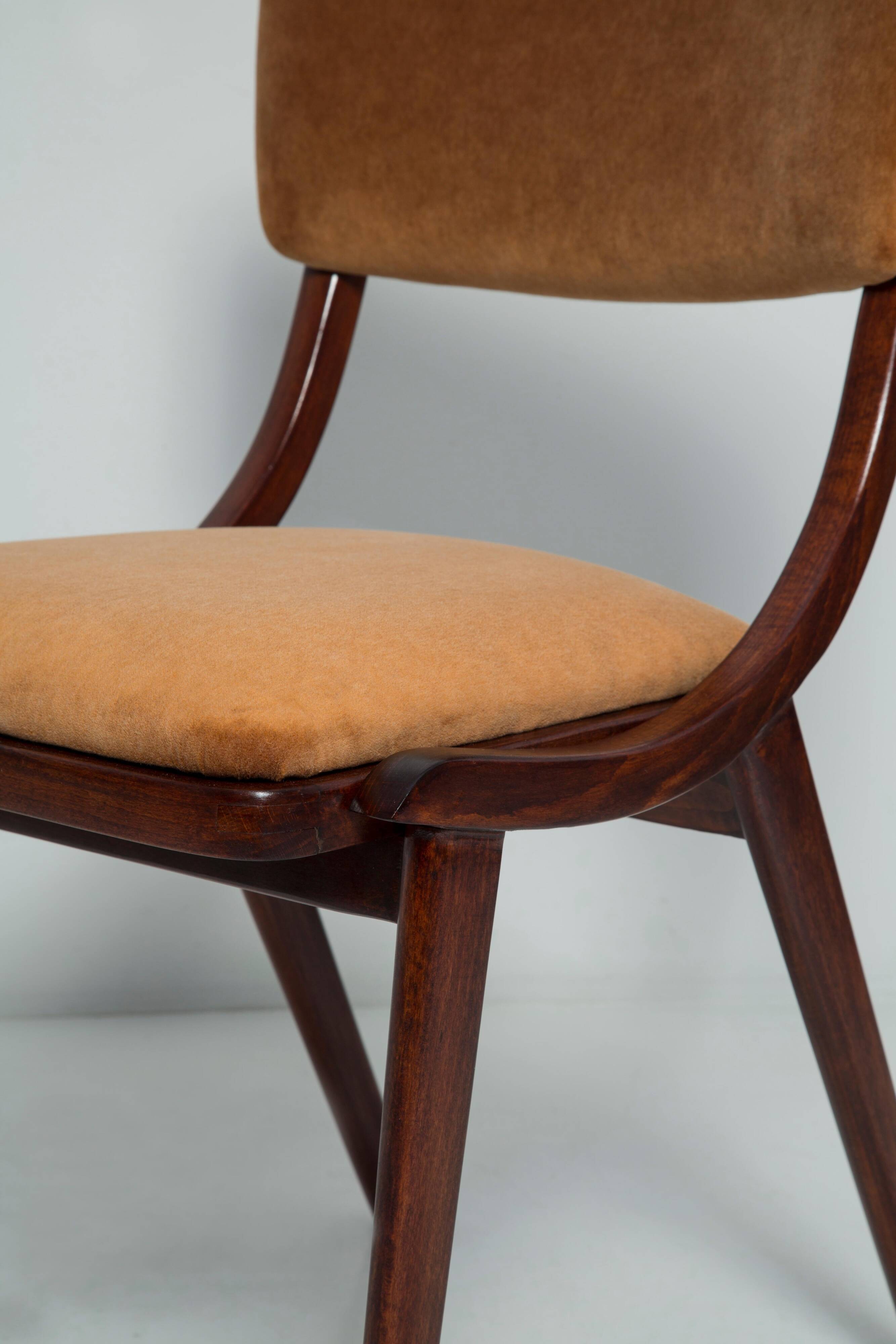 Mid-Century Modern Bumerang Chair, Brown Beige Velvet, Poland, 1960s