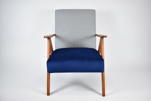 Fauteuil d’origine compas pied de poule velours bleu années 1960, restauré