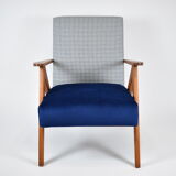 Original armchair compas, pied de poule, blue velvet, 1960s, restored