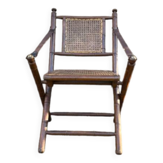 Chaise pliante en teck et cannage des années 1900
