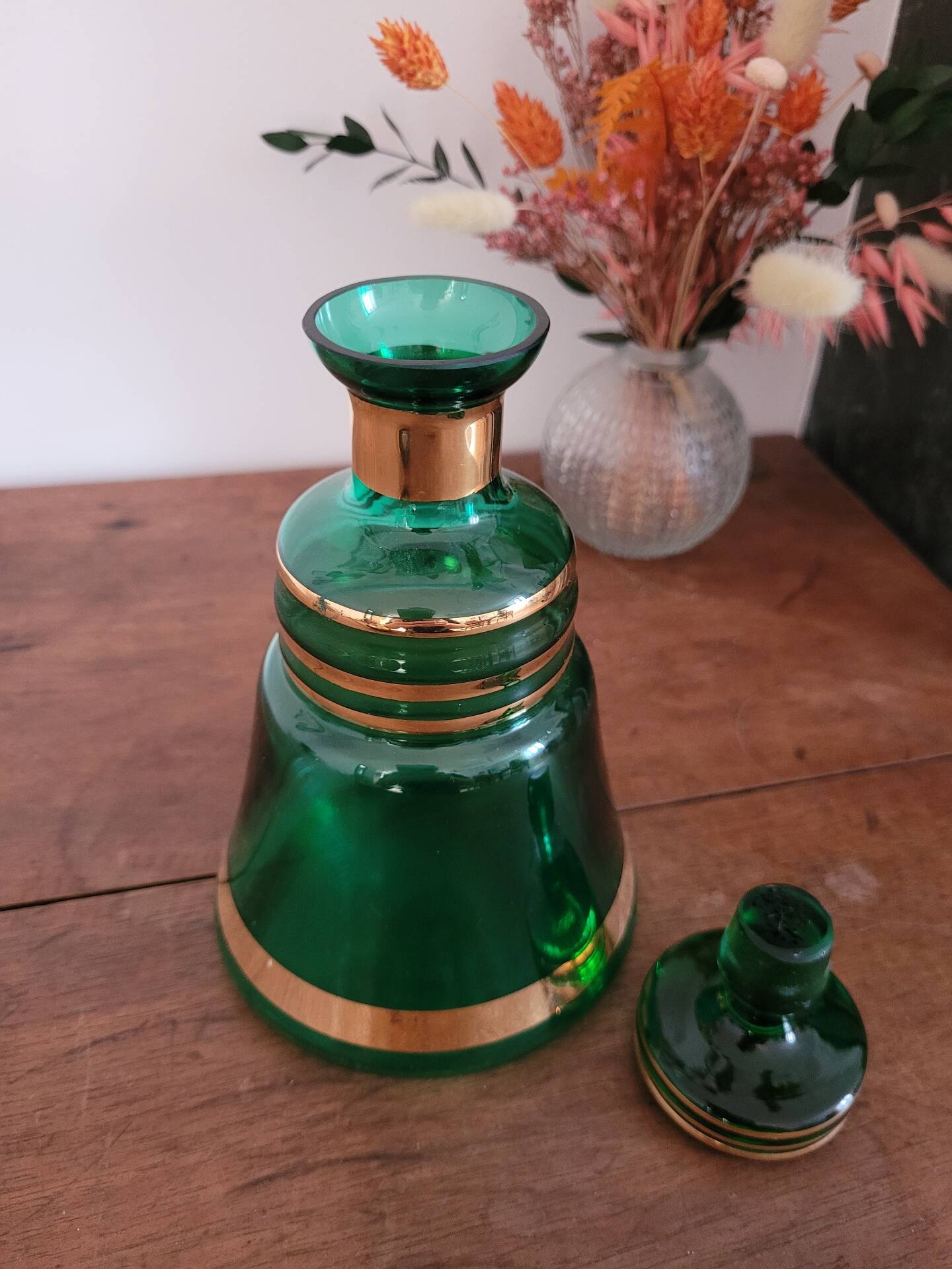 Green and gold glass carafe