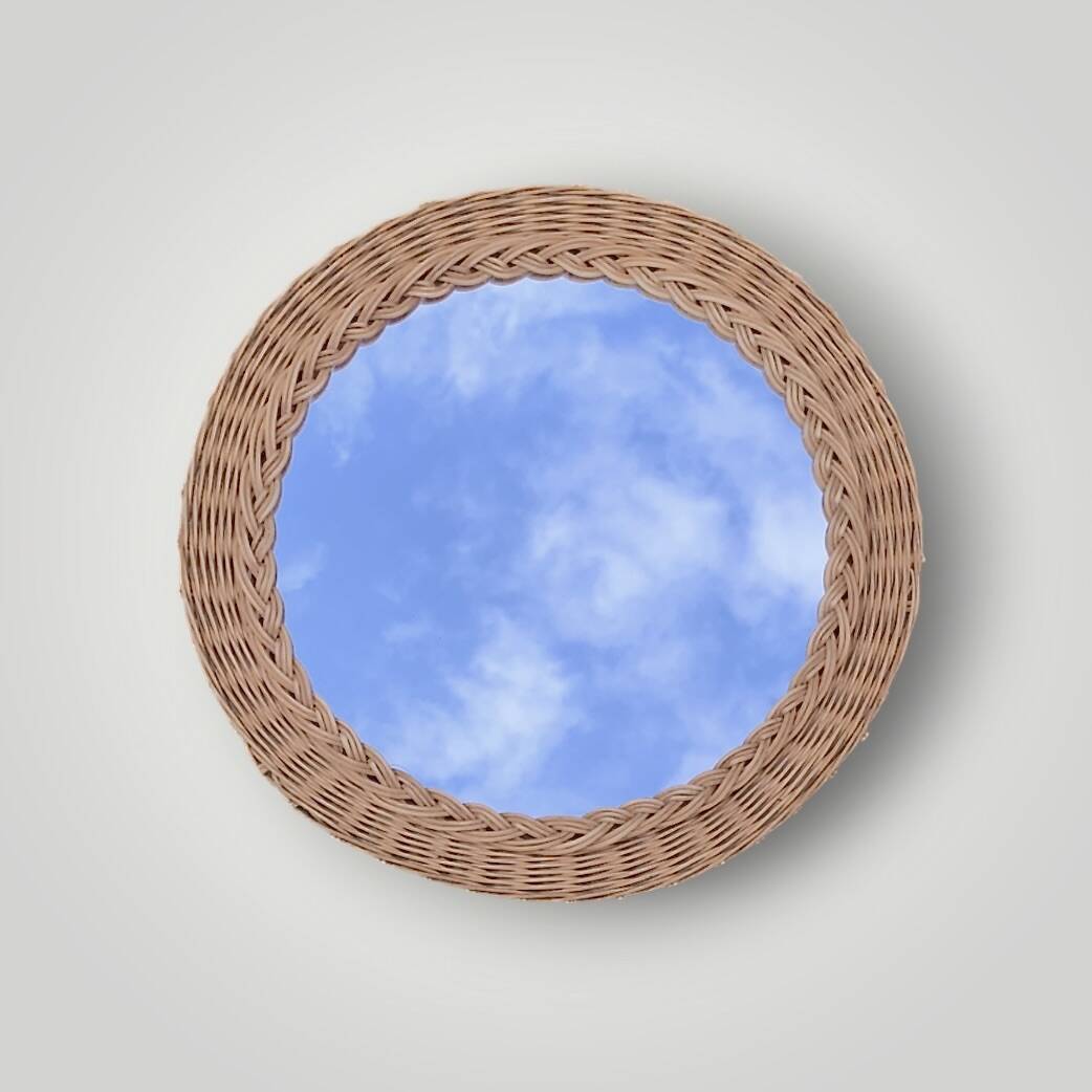 Antique round woven wicker mirror – 40 cm – 1970s