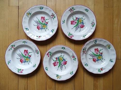 Kg luneville "réverbère" 5 deep plates earthenware hand-painted flowers ø 25 cm