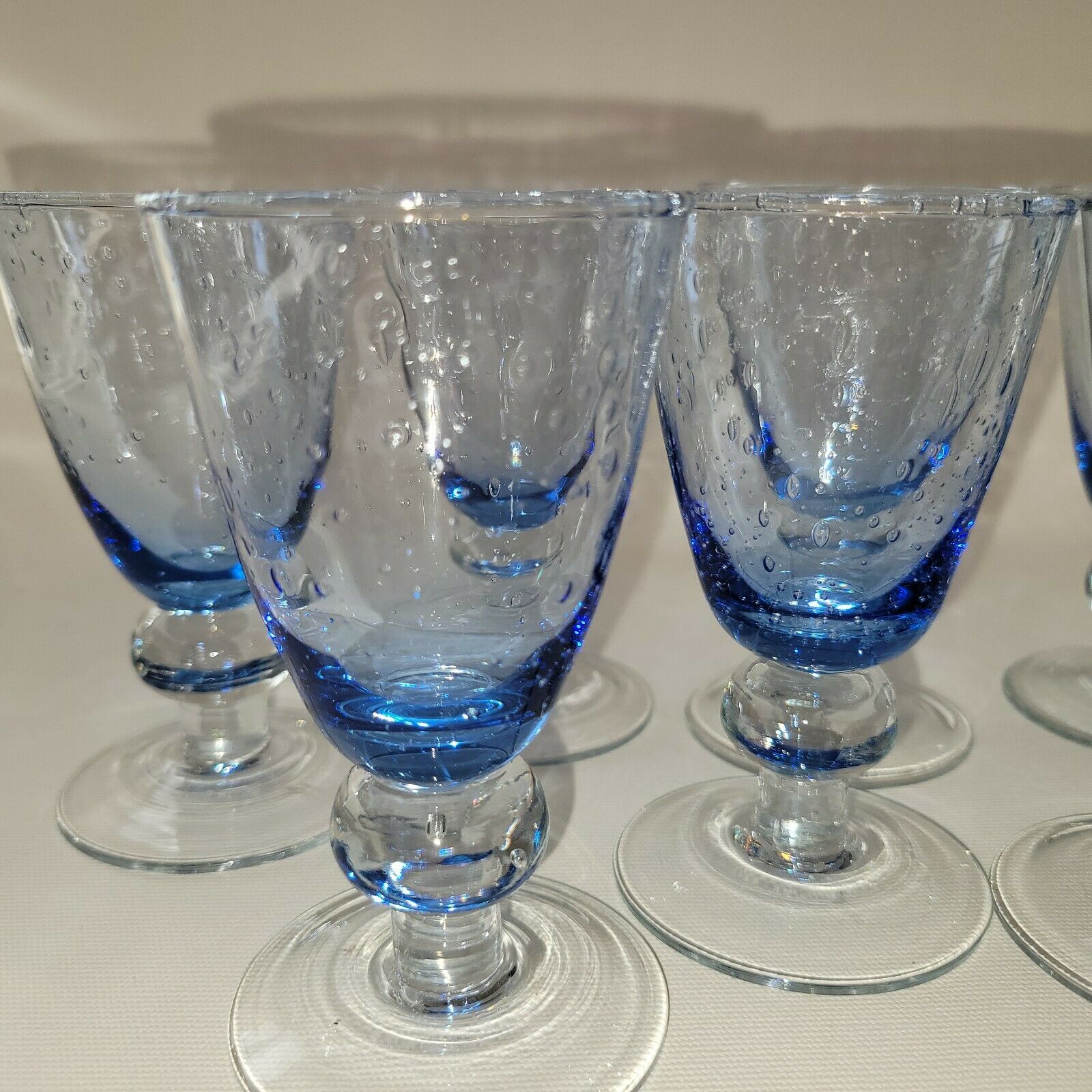 8 vintage blue bubble blown glass walking glasses