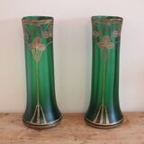 Paire de grands vases Art Nouveau en verre peint émaillé décor trèfles