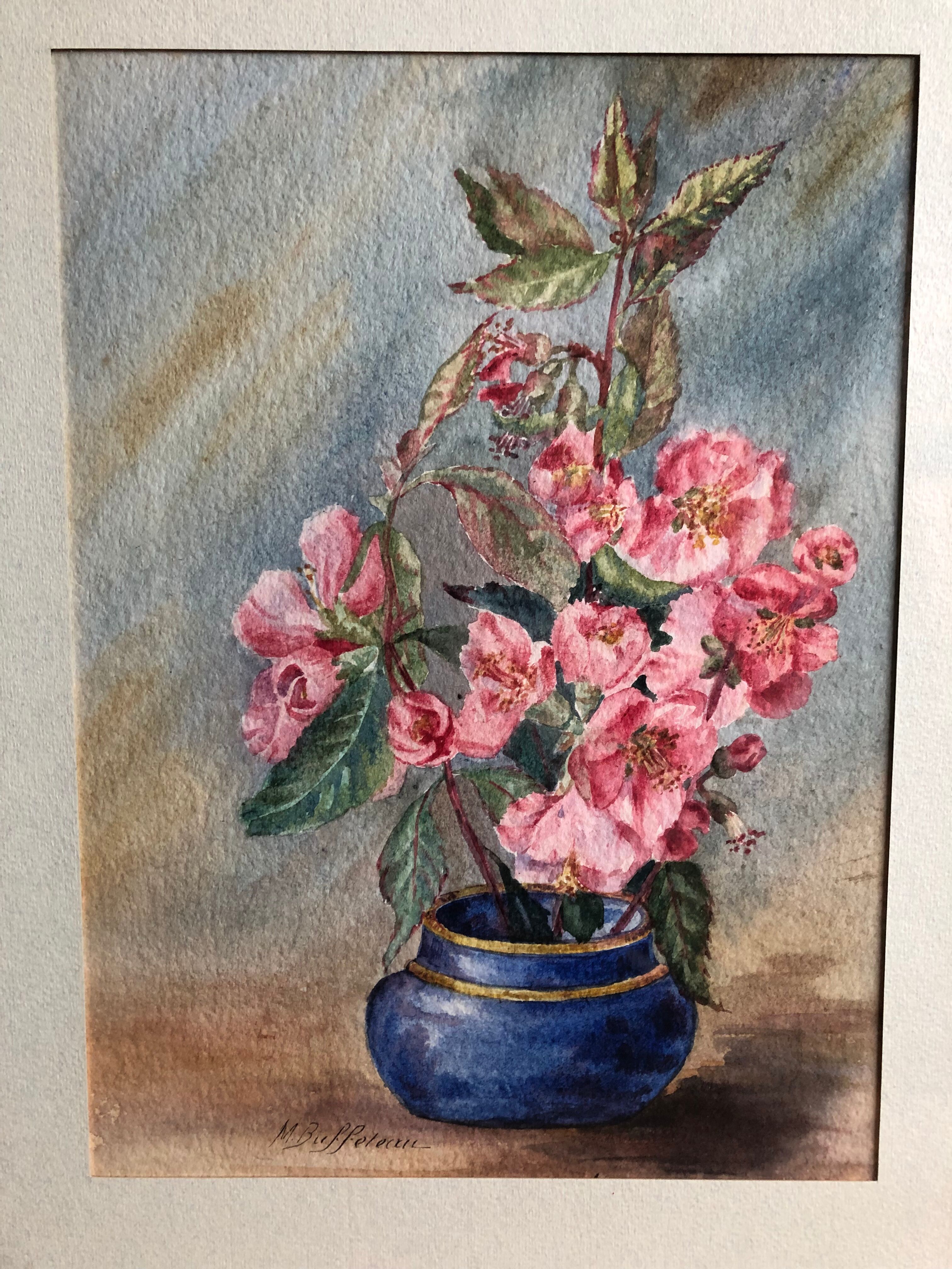 Watercolor painting m. buffeteau bouquet flowers signed & frame gilded wood vintage