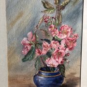 Watercolor painting m. buffeteau bouquet flowers signed & frame gilded wood vintage
