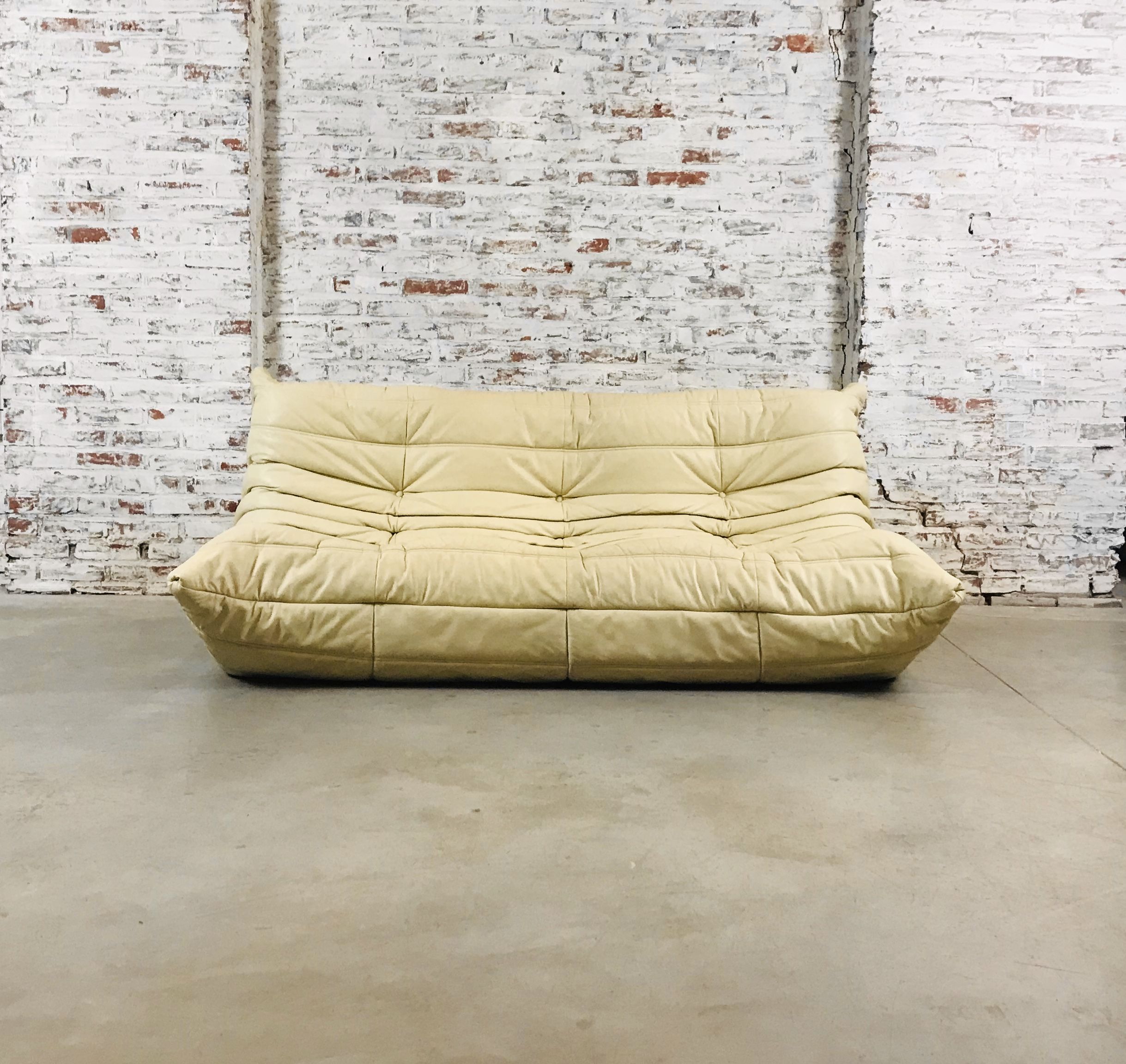 Togo sofa in beige leather by Michel Ducaroy for Ligne Roset, 1986