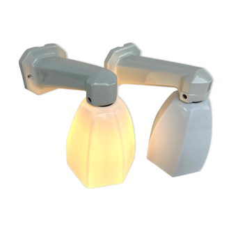 THE PAIR 2 WALL LAMPS OLD BATHROOM 1930 1940 OPALINE AND PORCELAIN LEGRAND