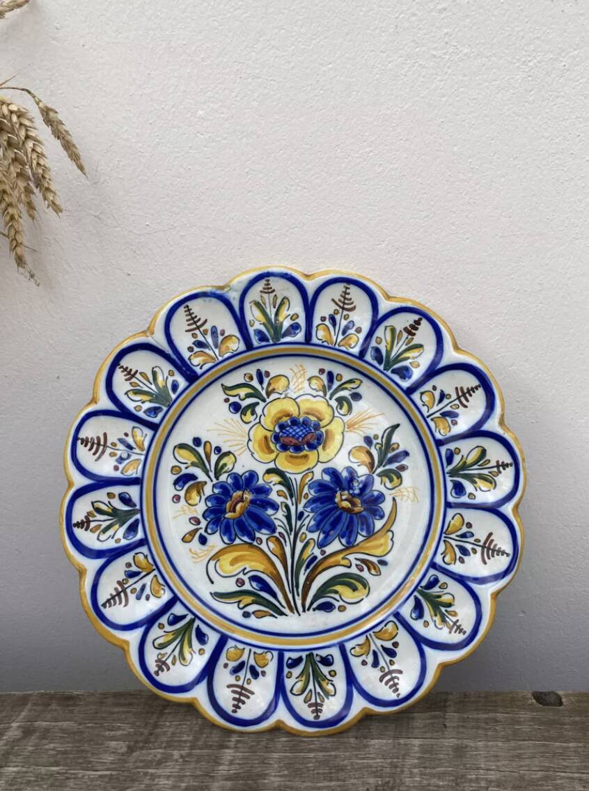 Assiette murale fleurs bleu jaune espagnole