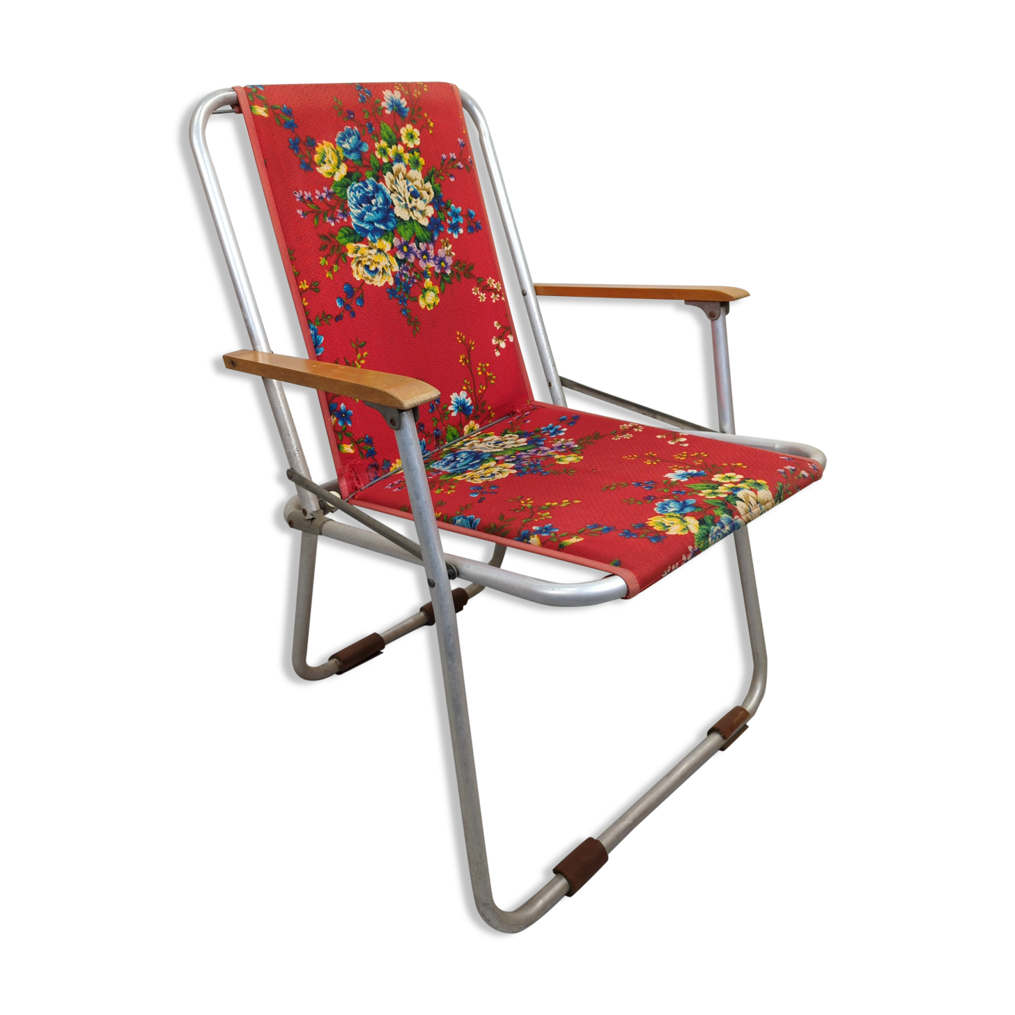 Vintage folding chair camping floral red fabric